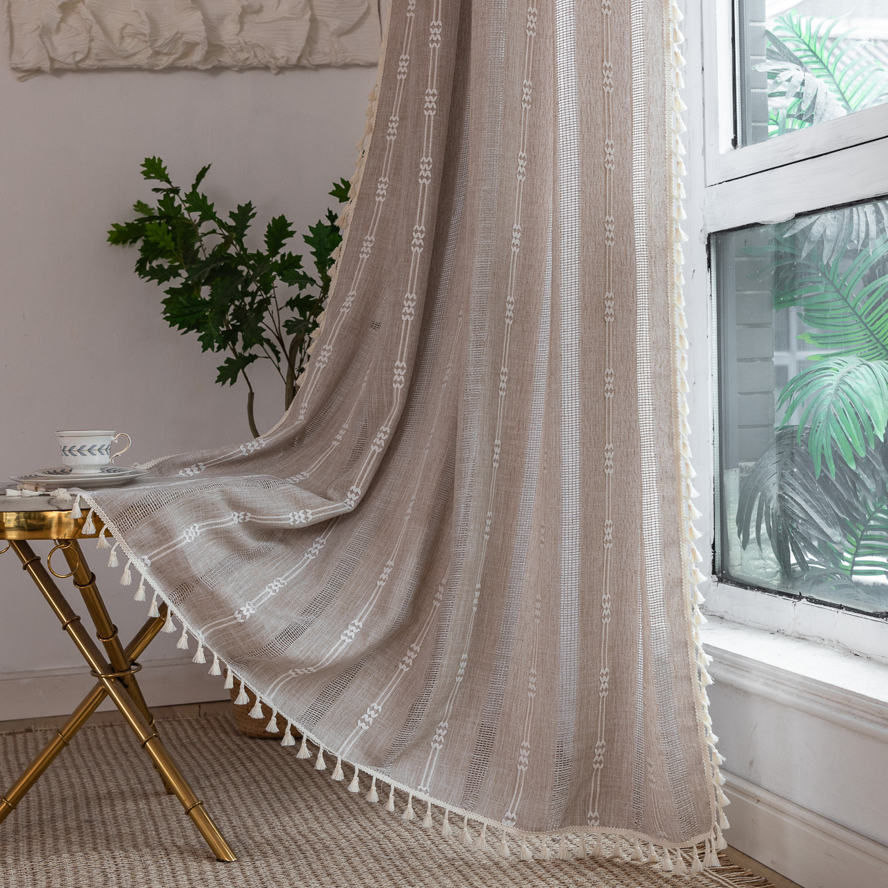 Factory cross-border special curtain finished embroidery stripe hollow brown bedroom jacquard kitchen small window short curtain