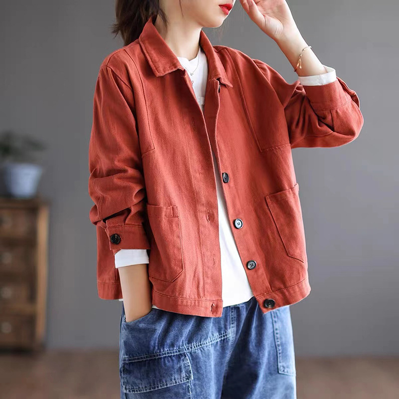 Picture of Spring and Autum New Pure Cotton Long-Sleeved Plus Size Women's Literary Retro Loose Slim Fashionable Lapel Short Jacket