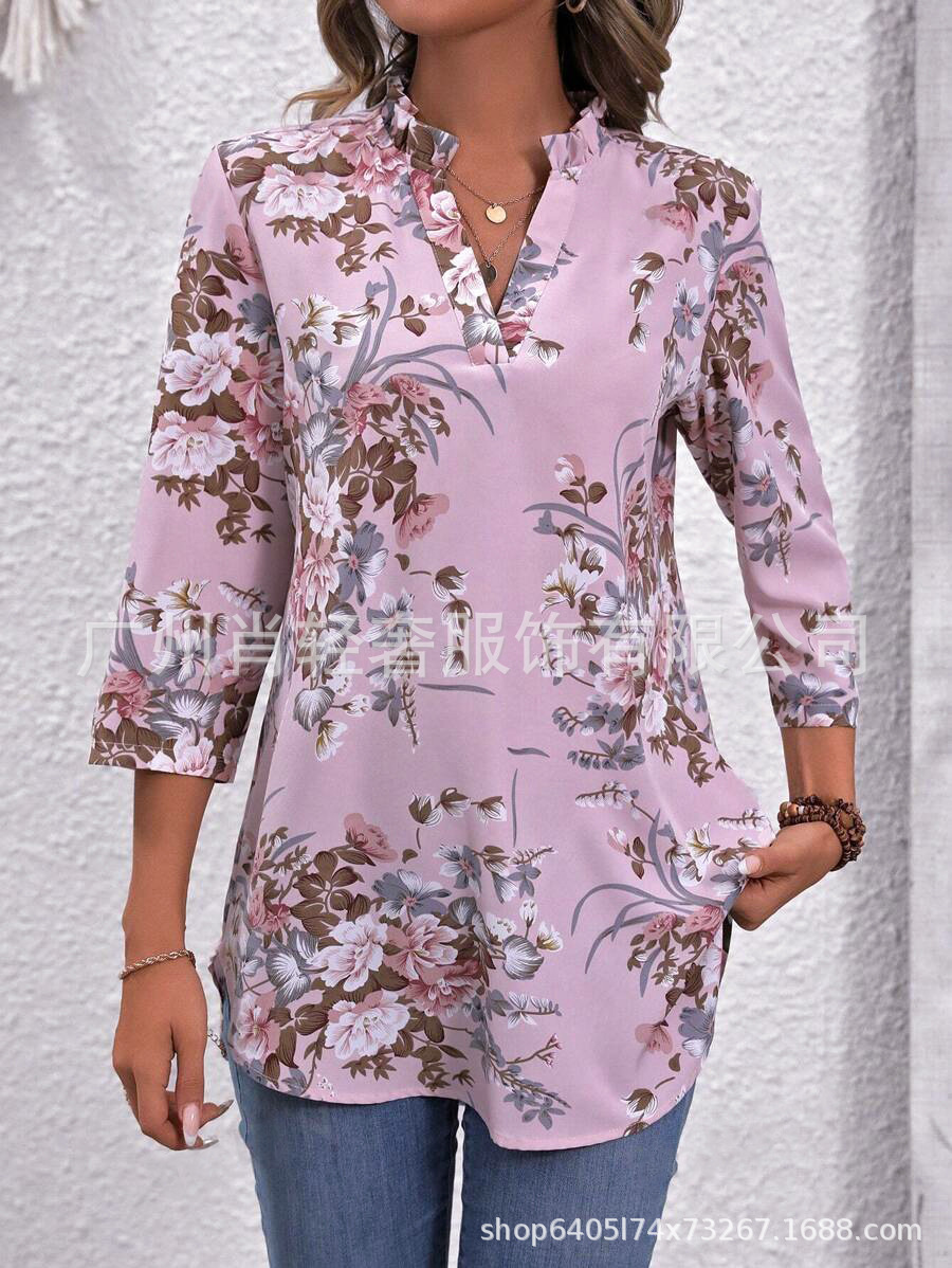 European and American Cross-border Autumn New Printed Seven-point Sleeve Pullover Shirt Women's Fashion V-Neck Shirt