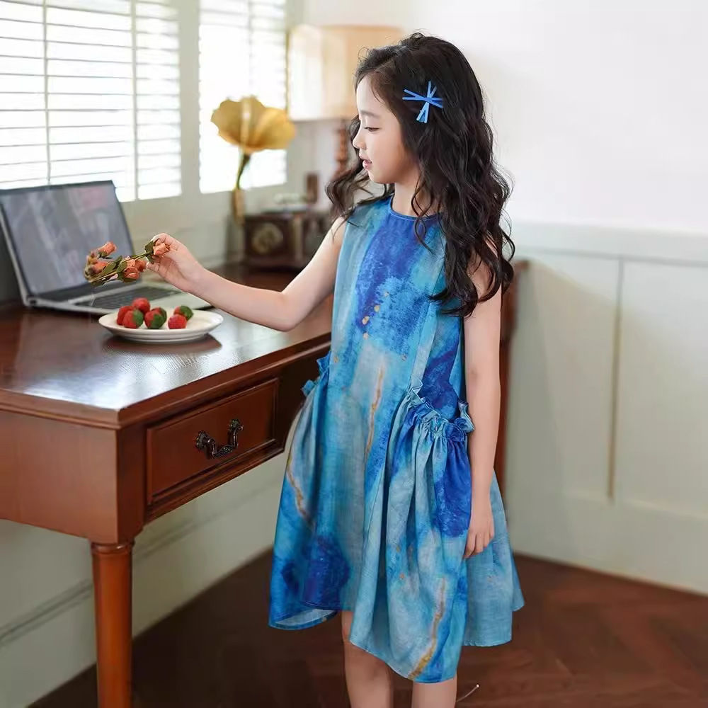 2024 New Girls' dress Summer Dress Western Style Children's Summer Girl Sleeveless Neck Princess Dress Big Children's Dress