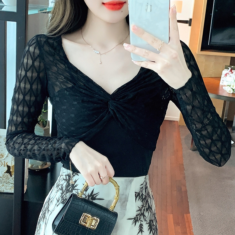 Picture of Short sun protection blouse for women Spring with suspender skirt outer wear thin shawl long sleeve see-through lace mesh top