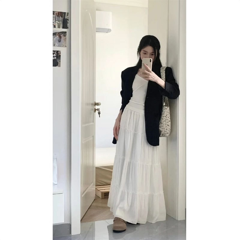French Half-length Spring and Summer Women's New Lace Stitching Holiday A- line Casual Skirt Super Fairy Long Skirt White Skirt