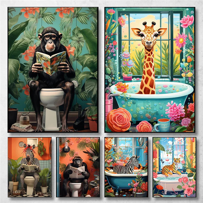 Creative Animal Toilet Reading Newspaper Flowers Tropical Wind Poster Bathroom Toilet Toilet Home Decoration Hanging Painting