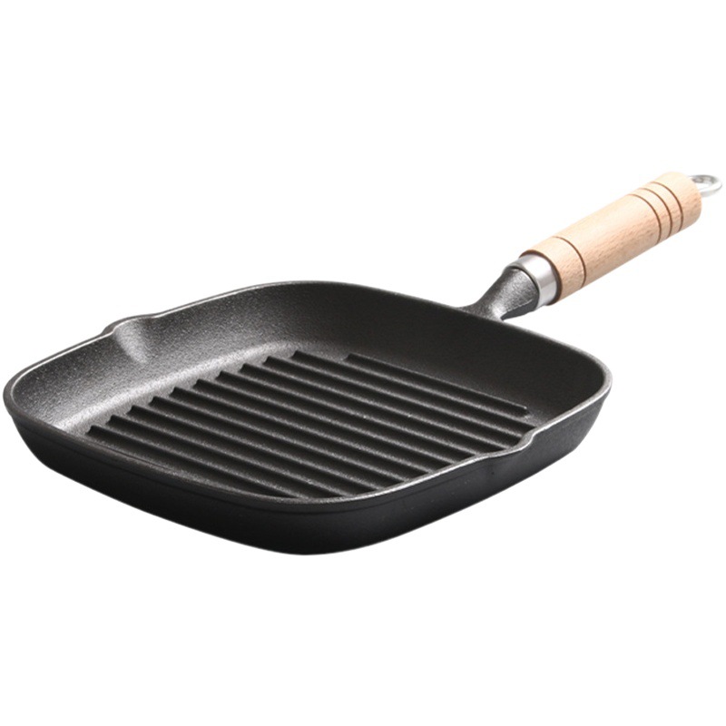 Cast Iron Frying Pan Stripesd Steak Frying Pan Multifunctional Omelette Frying Pan Wooden Handle Thickened Frying Pan Square Cast Iron Frying Pan