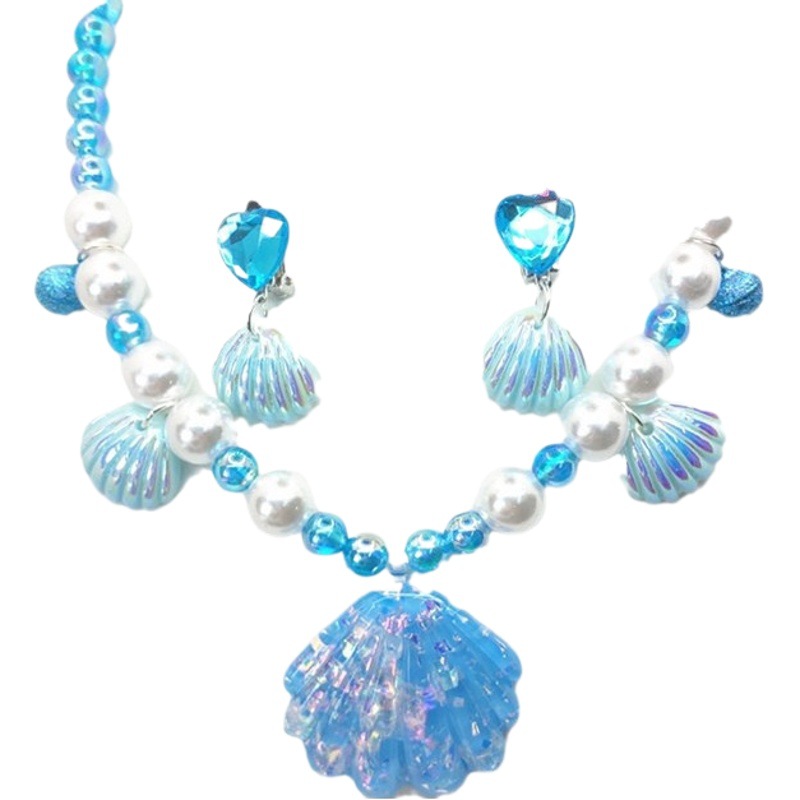 Cross-Border Hot-Selling Children's Shell Bell Necklace Bracelet Gemstone Earrings Ear Clip Non-Pierced Ring Set Jewelry
