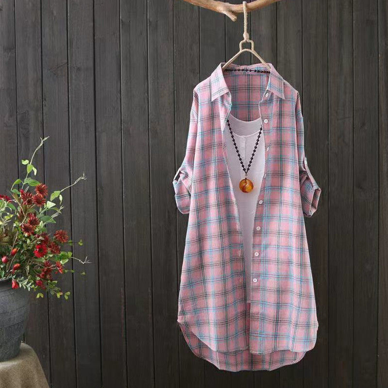 2022 autumn new long sleeve plaid shirt Women's loose mid-length sun protection shirt