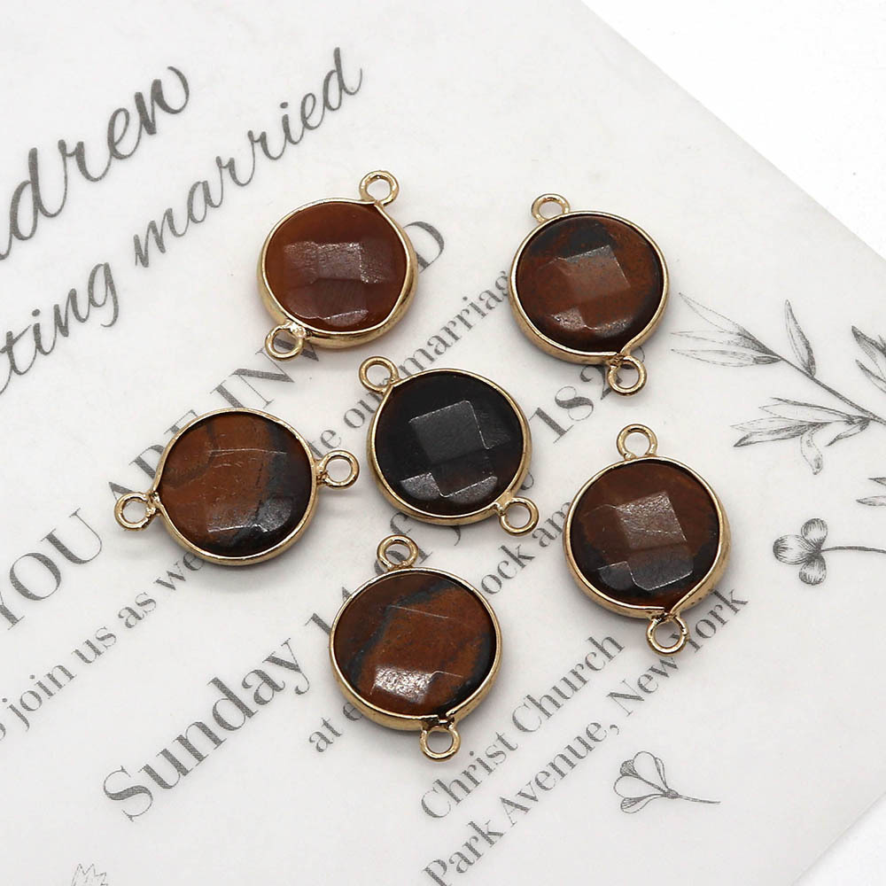 Picture of Natural Stone Cut Agate Pendant 16x 25mm Round Double Hole Connector Pendant DIY Necklace Accessories