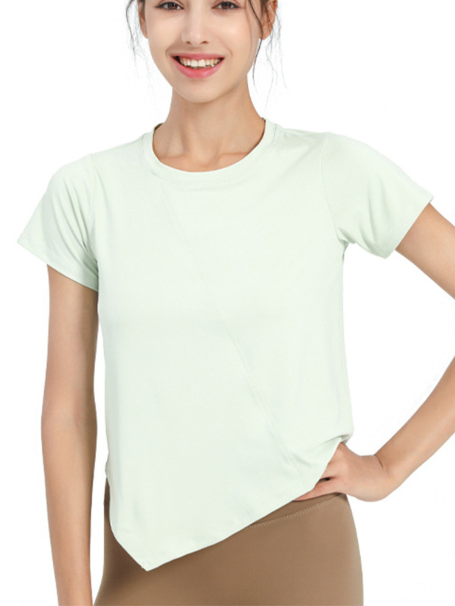 Picture of Big Sale Summer Loose Fitness Sports Short-Sleeved Women's T-Shirt European and American Pure Color Quick-Drying Asymmetrical Yoga Top Cover-Up