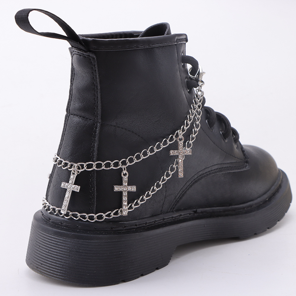 Fashion Trend Diamond Shiny Cross Pendant All-match Double-layer Metal Chain Shoe Chain Martin Boots Decorative Collocation