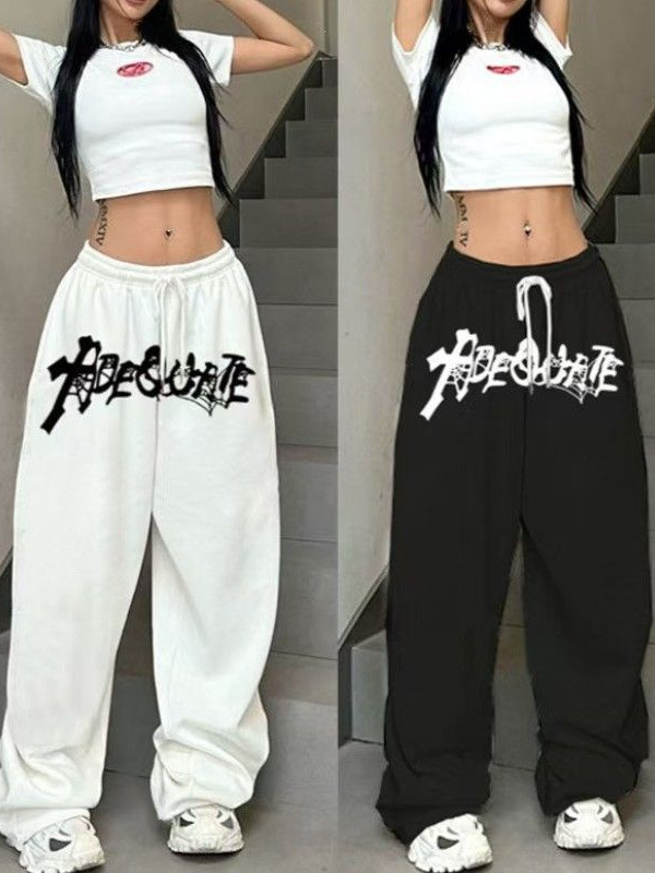 2024 New American White Hip Hop Hiphop Jazz Dance High Waist Loose Straight Wide Leg Drawstring Sport Pants