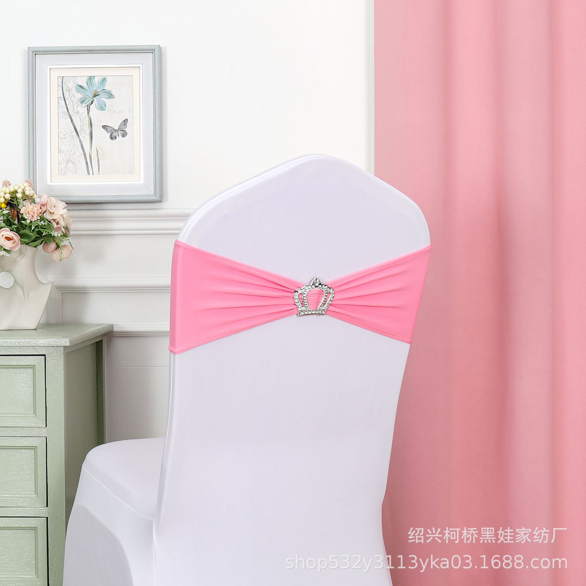 Picture of Chair Back Flower Bow Crown Diamond Buckle Elastic Banquet Chair Set Decoration Free Wedding Strap Ribbon Wedding Ribbon