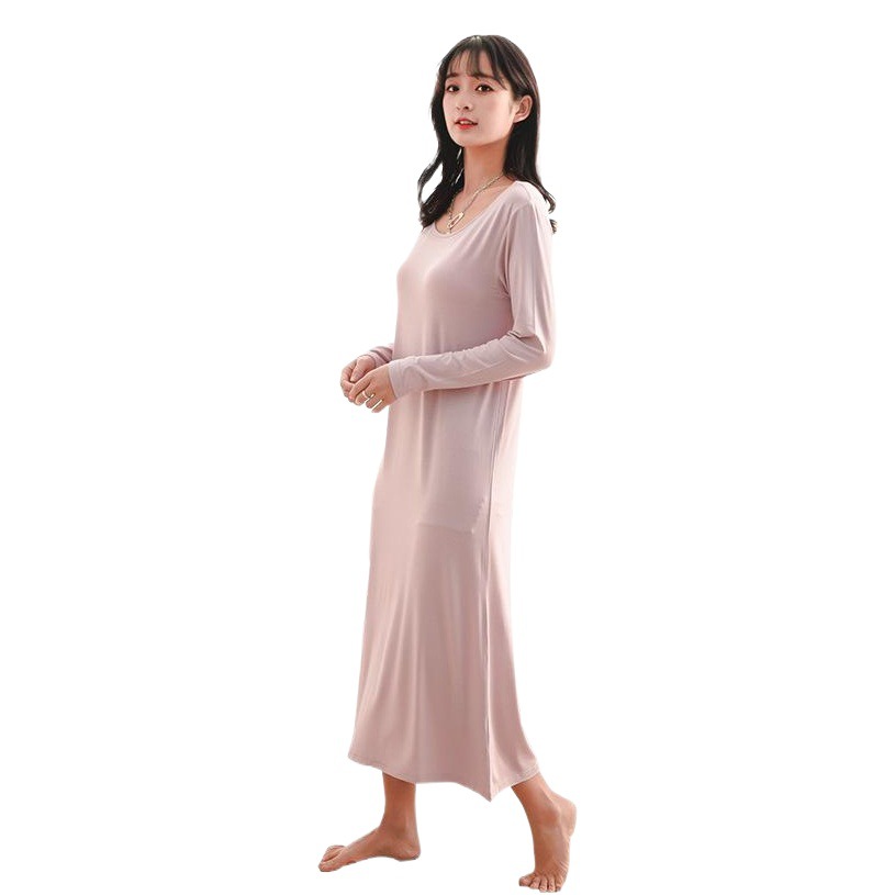 Modal Nightdress with Chest Pad Women's Round Neck Wear-Free Bra Long-Sleeved Long Dress Loose plus size Home dress