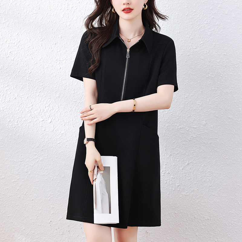 Picture of Simple Casual Lapel Black dress 2025 Summer New Style Zipper Fashionable Elegant Slim plus size A- line Skirt