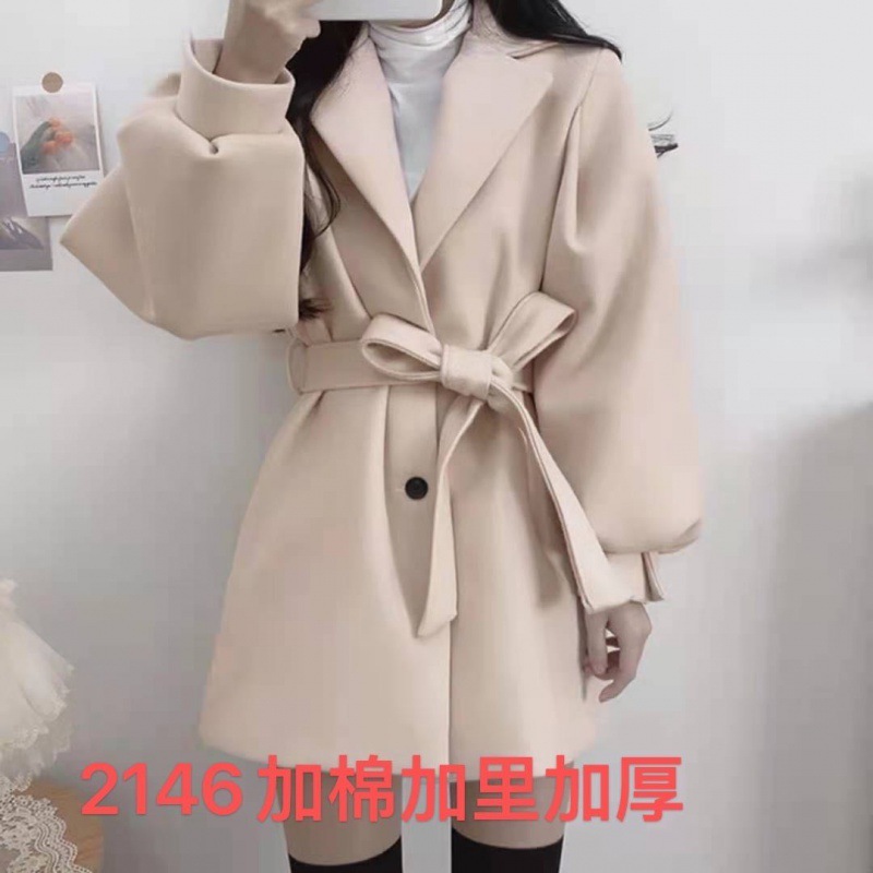 Longfeng woolen cotton-padded Gary lace-up mid-length coat solid color elegant autumn and winter coat