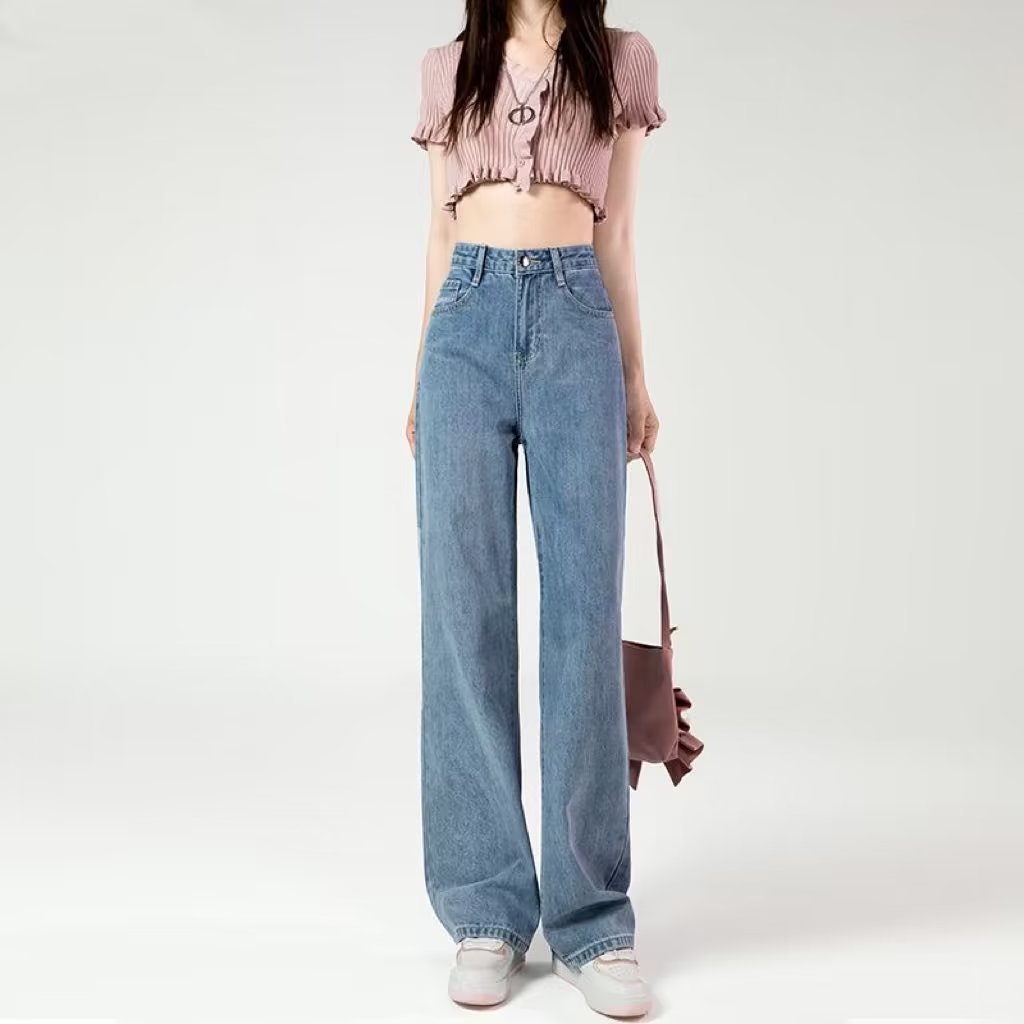 Jeans women's 2020 new winter straight trousers small high waist slimming loose fleece-lined mop pants