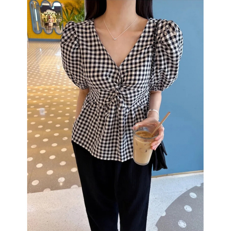 Size Updated Summer French Temperament Simple Sweet Collar Puff Sleeve All-match Plaid Shirt Top