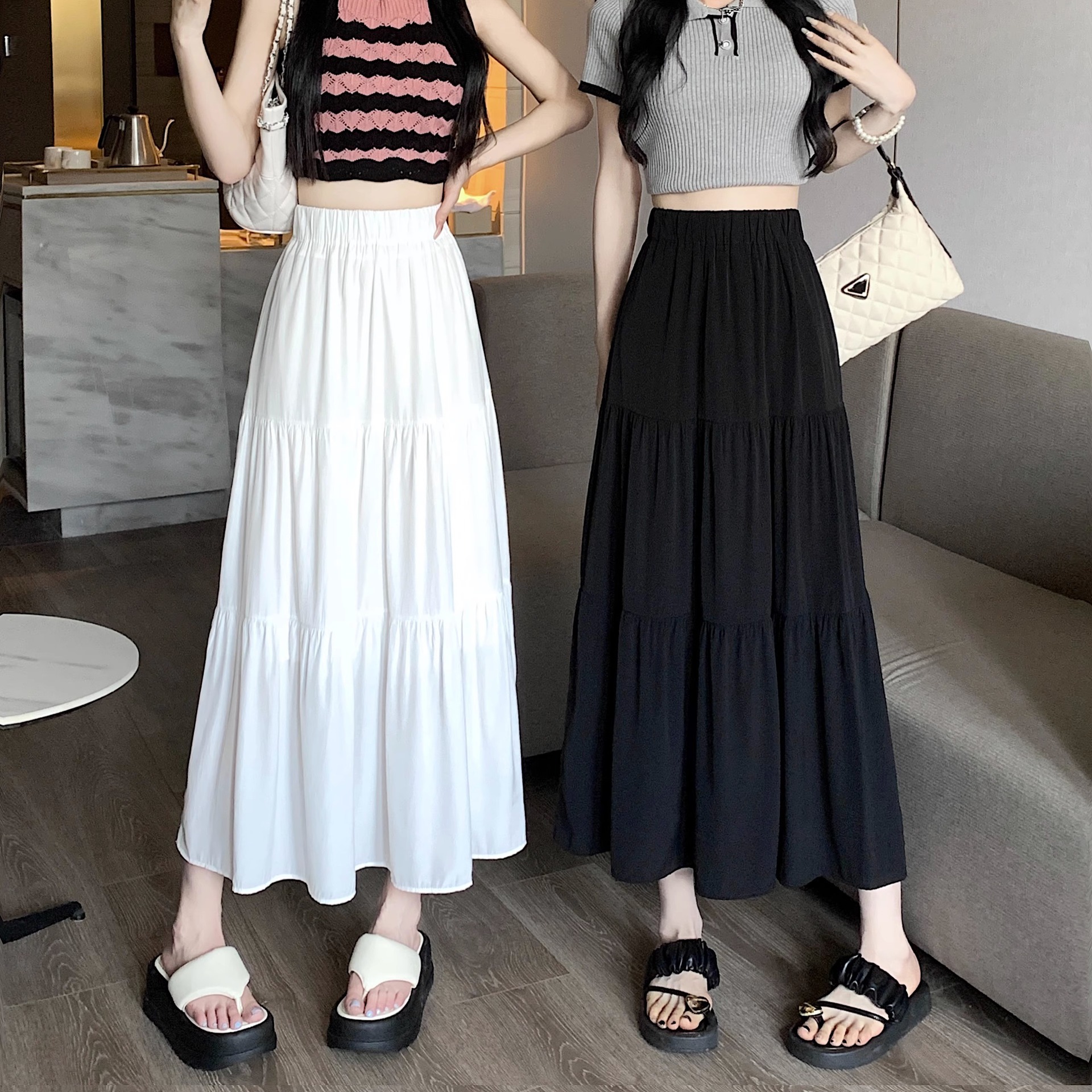 Stitching White Skirt Women's Spring and Summer 2023 New Korean-style High Waist Mid-length A- line Skirt Elite Waist Fairy