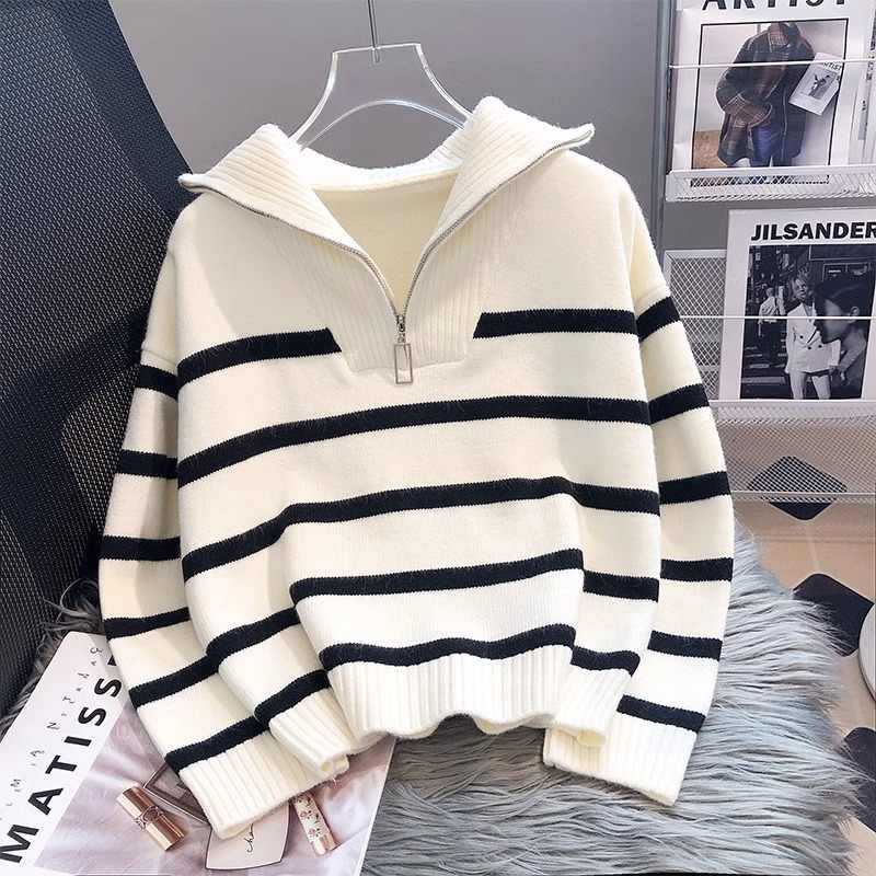Korean Style Autumn and Winter New Lapel Contrast Color Long Sleeve Sweater Women's Half Zipper Striped Pullover Sweater Women's Top