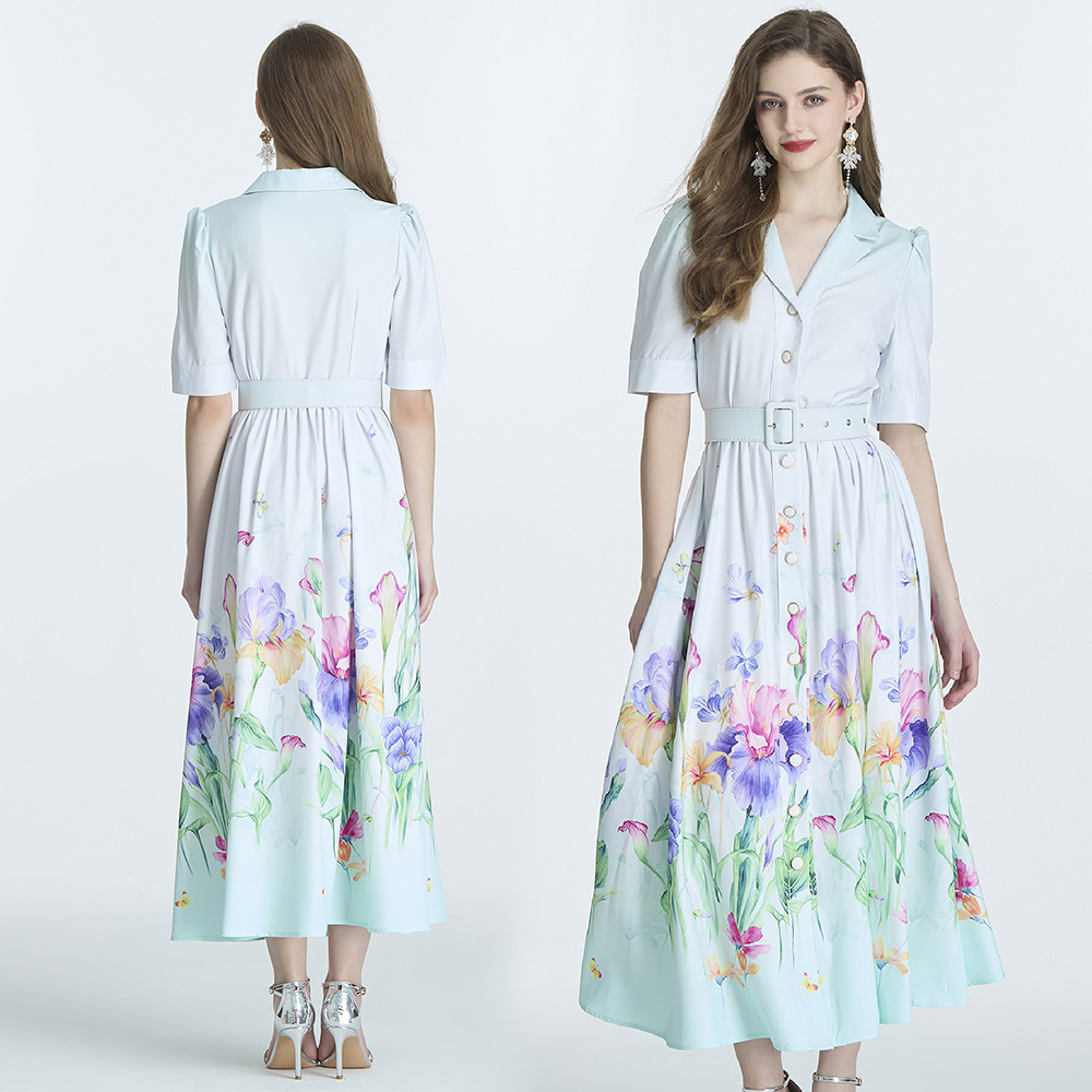 Picture of Original design -2024V-neck painted printed short sleeve waist frock flounced skirt