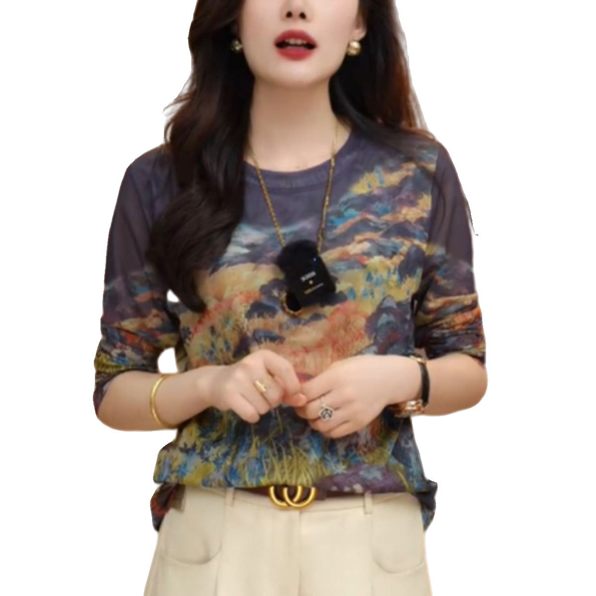 Picture of Skin Mesh Long-Sleeved T-Shirt Women's Autum New European Tie-Dye Bottoming Shirt Slim Inner Top