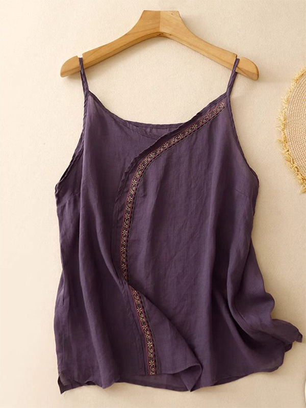 Purple Beautiful Flower Embroidered Cotton and Linen Camisole Summer New Artistic Retro Elegant Sleeveless Top Women's Clothing