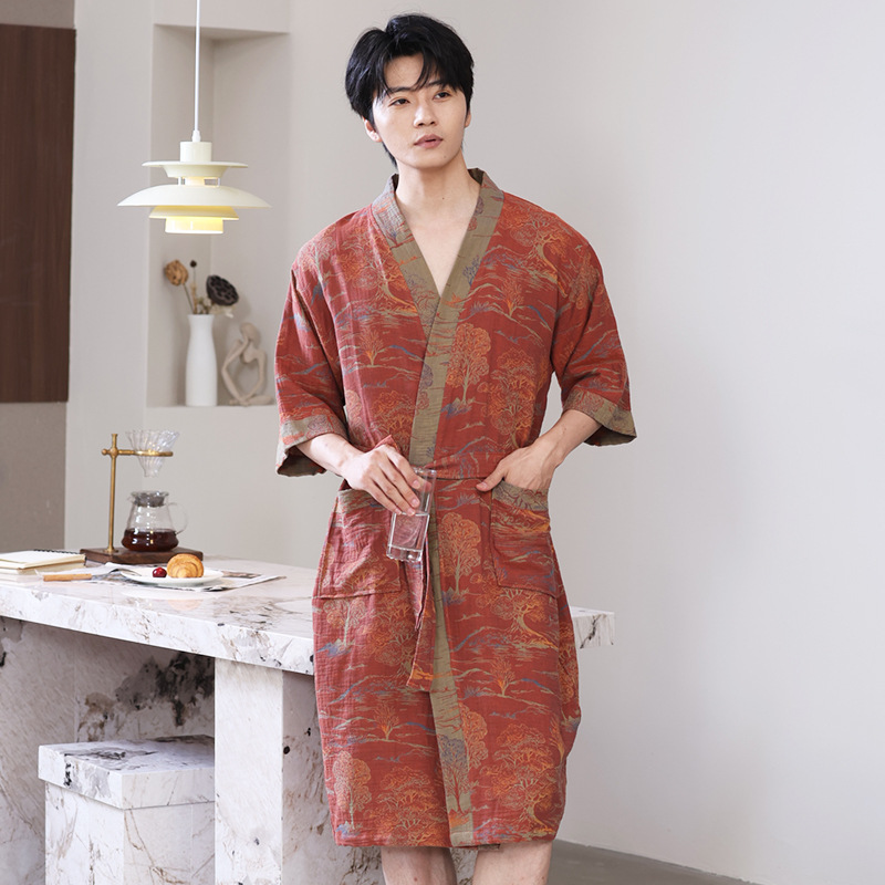 Picture of Class A Spring and Summer Thin Pajamas Pure Cotton Double Gauze Bathrobe Home Clothes Nightgown Couple's Water Absorbent Quick-drying Bathrobe