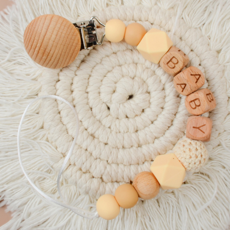 Picture of New Beech pacifier clip Beech letters BABY silicone octagonal beads wool crochet anti-drop chain