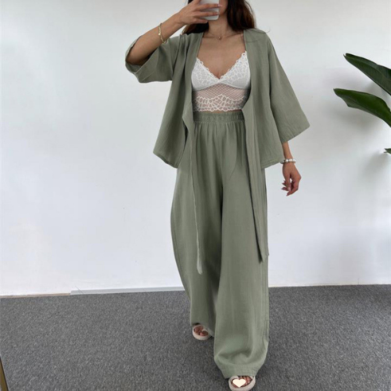 Picture of European and American Cross-Border Export Women's Fashion Casual Loose Suit Plain Lace-Up Three-Quarter Sleeve Cardigan Trousers Two-Piece Set