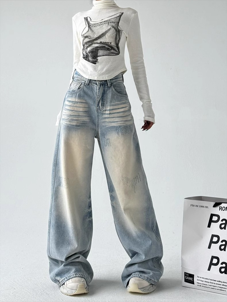 Spring 2025 New American Style Relaxed Spice Girls Wide Leg Jeans Women's Loose Bf Lazy Style Straight Leg Pants
