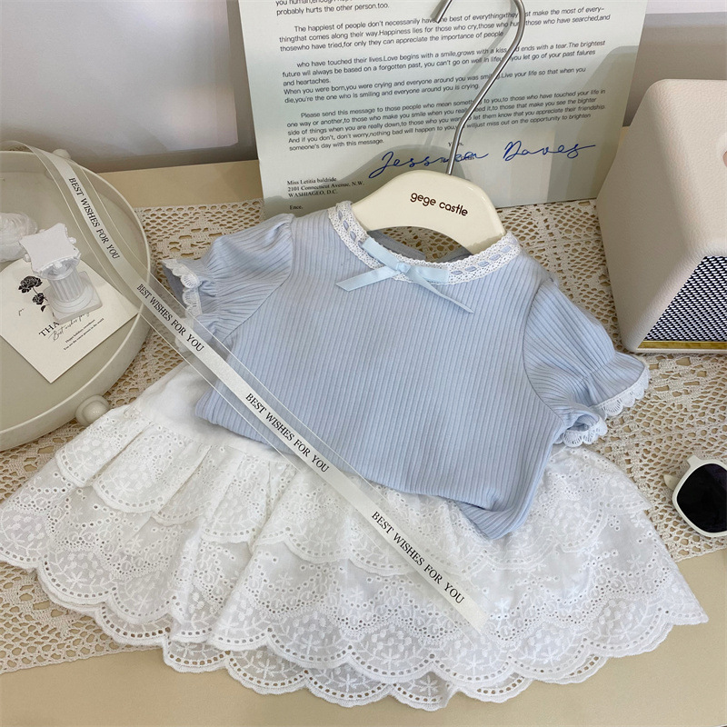 Korean children's clothing 2024 new summer girls lace short sleeve T-shirt western style all-match lace skirt pants two-piece set