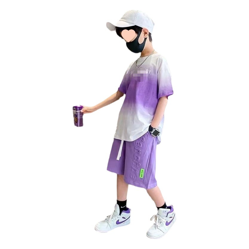 Boys' color matching summer short-sleeved shorts two-piece set 2024 New versatile Western style letters middle and big children sports suit