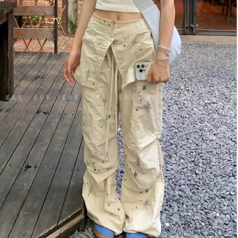 Picture of American Graffiti Cargo Pants for Women, Summer New High-Waisted Straight Versatile Slimming Parachute Two-Way Casual Wide-Leg Pants