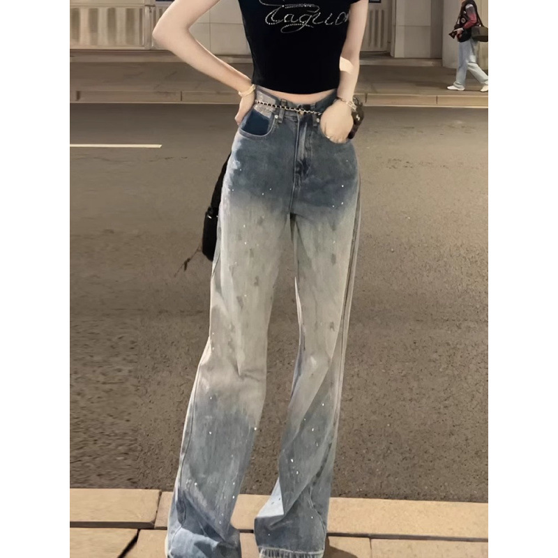 High-Waisted Narrow Straight-Leg Jeans for Women 2025 Spring and Summer New Gradient Color Pants Women's Design Floor-Length Pants 2025