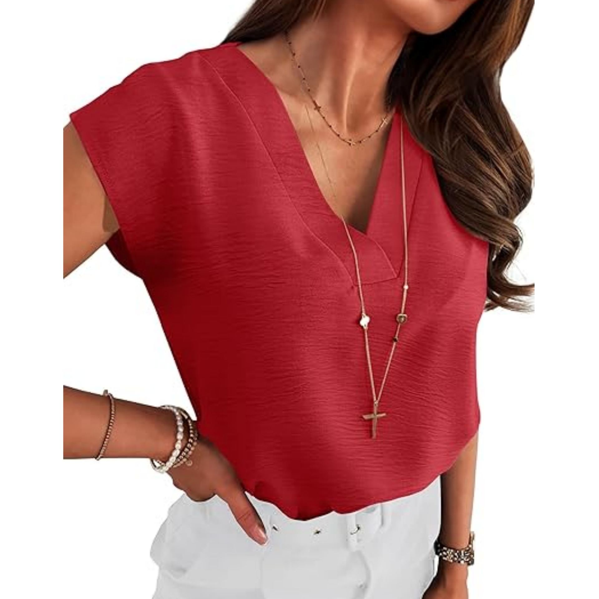 Picture of Cross-Border Export Amazon Independent Station 2025 Women's European and American Elegant Shirt V Neck Short-Sleeved Pullover Sleeveless Shirt