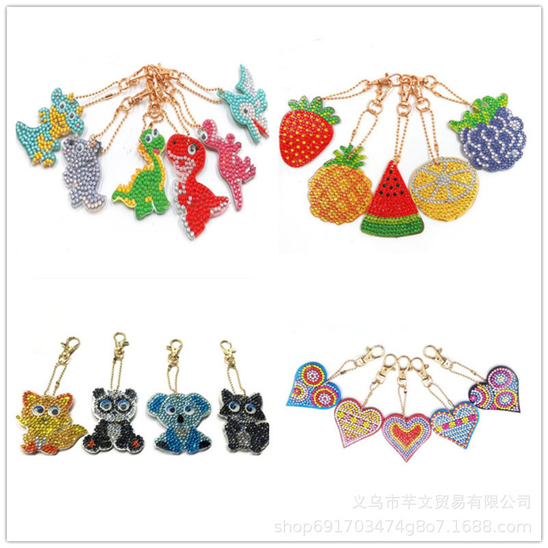 Cross-border new diy cartoon animal fruit love dinosaur keychain bag car small pendant decorative diamond painting