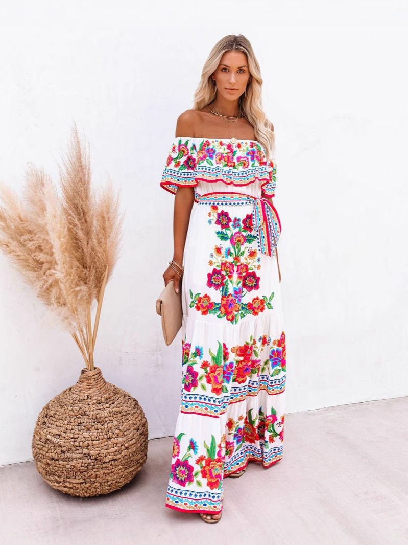2025 European and American Spring and Summer Amazon AliExpress New Off-shoulder Safflower Printed Long Large dress