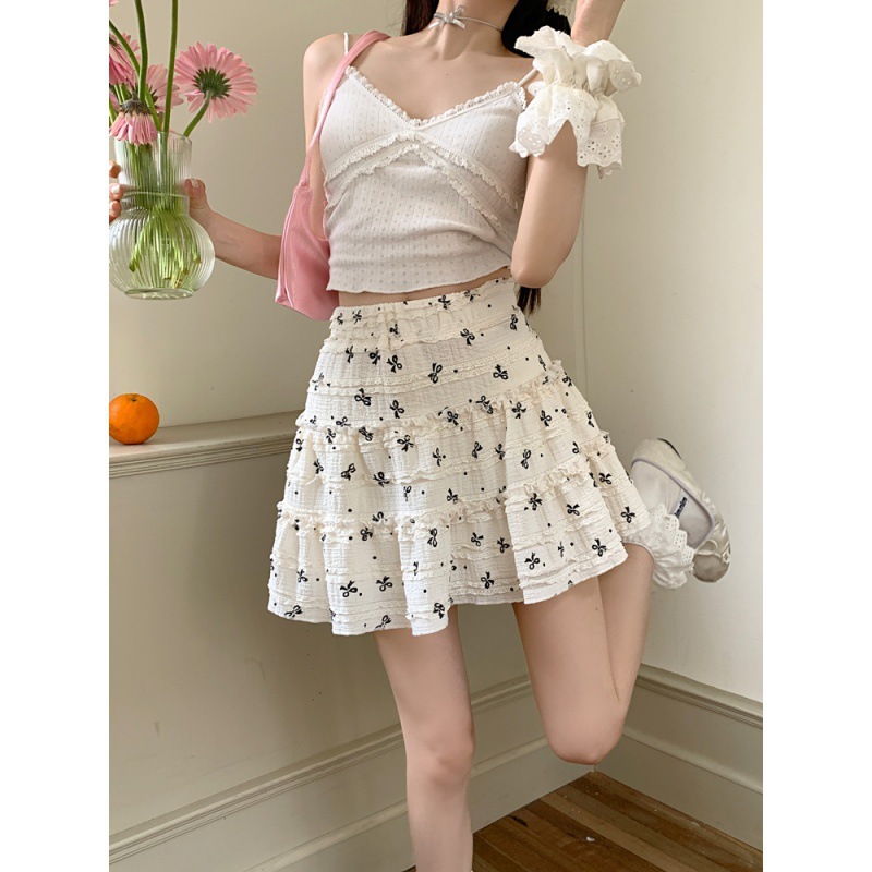Real Shot Lace Bow Age-reducing Cake Skirt Women's Summer Design Sense Loosening Waist Anti-slip A- line Short Skirt