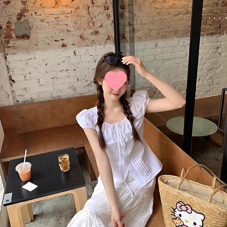 Pleated Lace-up Round Neck White Puff Sleeve Shirt Women's Thin Single-breasted Slim-fit Short Top