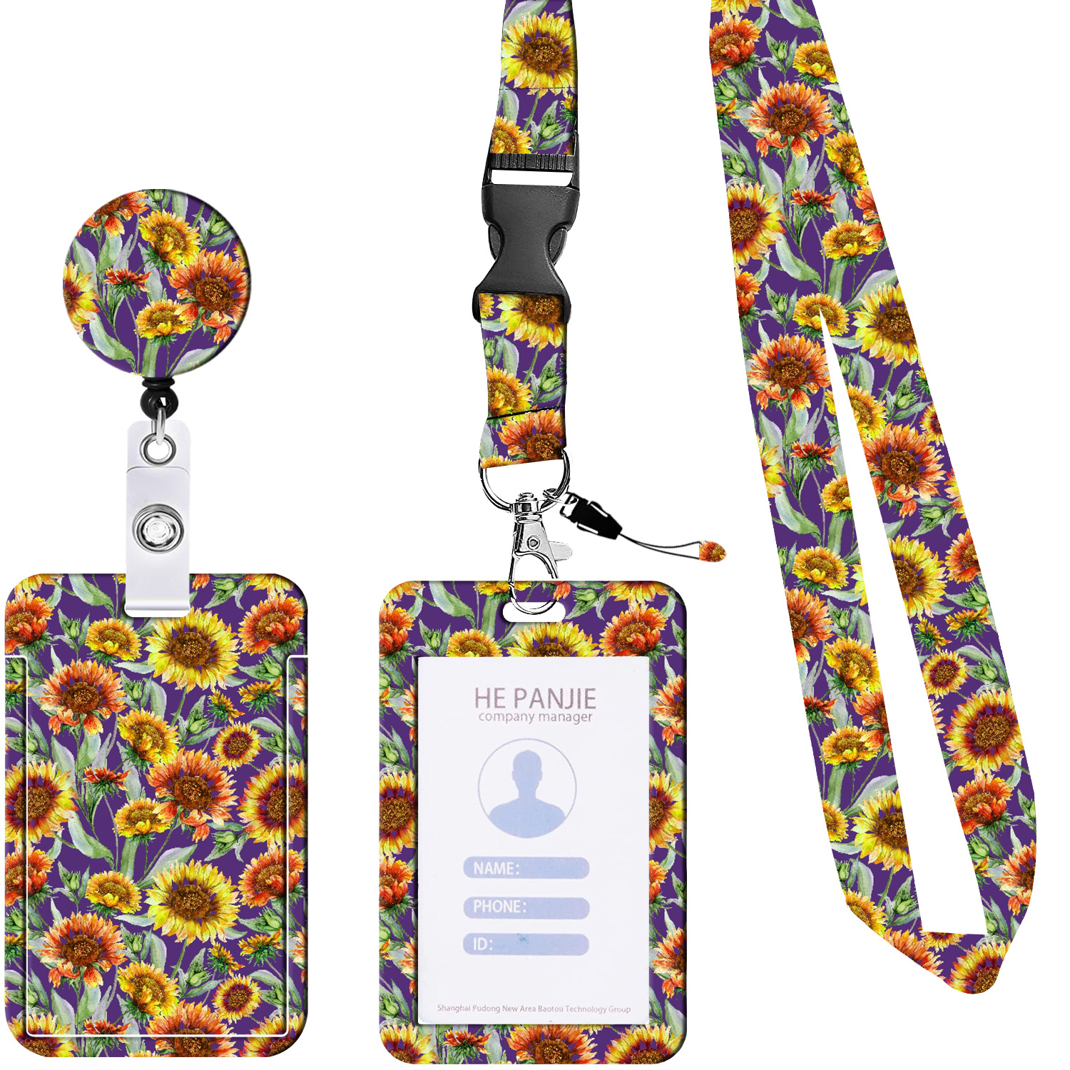 Picture of Amazon Hot Sale Floral Sunflower Sunflower Lanyard Card Case ID Buckle Easy Pull Buckle Telescopic Easy Pull Set