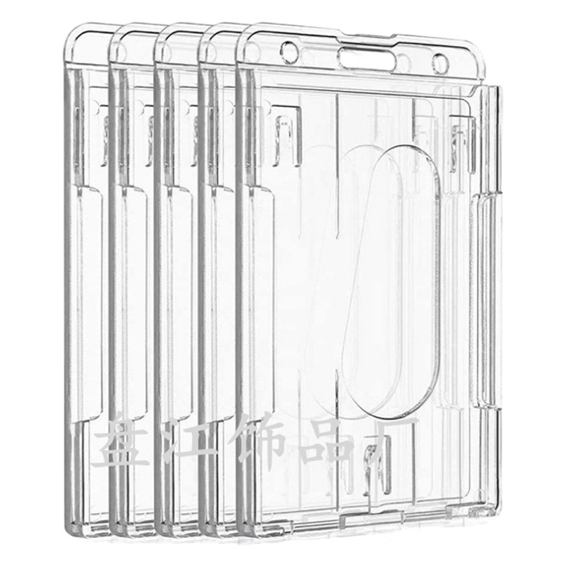 Hard plastic PC double card horizontal vertical bus card holder PS transparent badge card with thumb slot