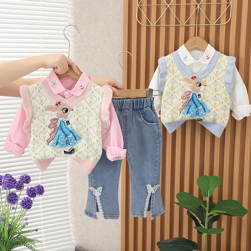 Girls Children's Wear Autumn New Fashion Love suit Vest Long Sleeve Casual Trousers Three-Piece Trendy