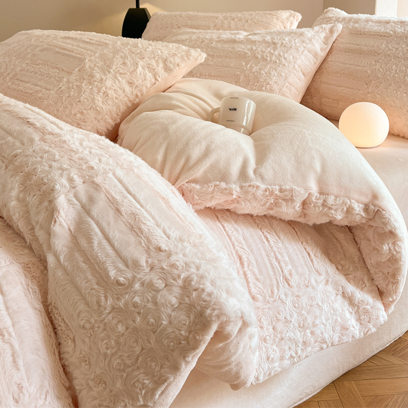 Class A thickened rabbit velvet bed four-piece set winter warm coral velvet bedding milk flannel quilt cover bed sheet 4