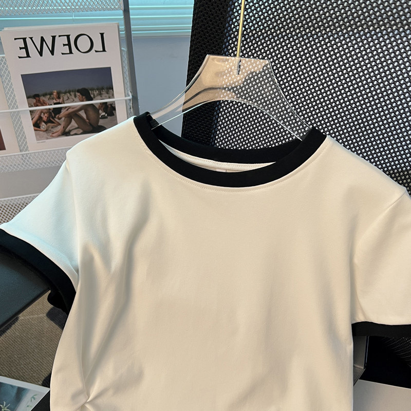 Picture of Short-Sleeved Women's Design Contrasting Color T-Shirt 2025 New Summer Fashion Chic Asymmetrical Short Student Top