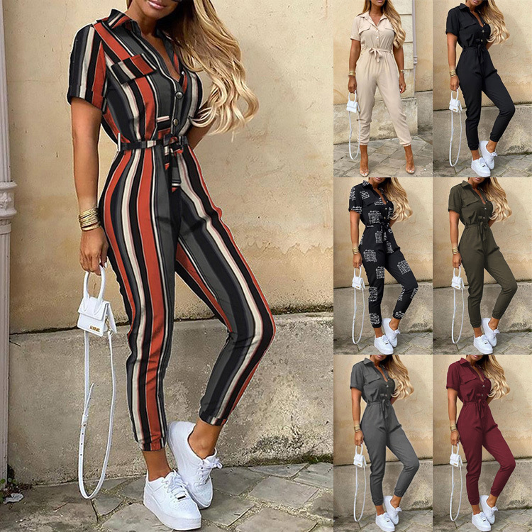 eBay Summer Amazon European and American Women's Trousers Casual Laps Buckle Printed Belt Tooling Pants