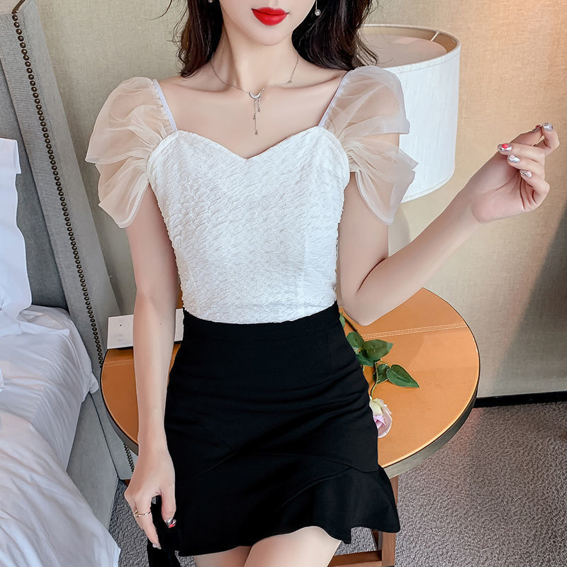 Picture of 2025 New French Square Neck Collarbone Short Sleeve Shirt Women's Sweet Summer Style Fairy Style Mesh