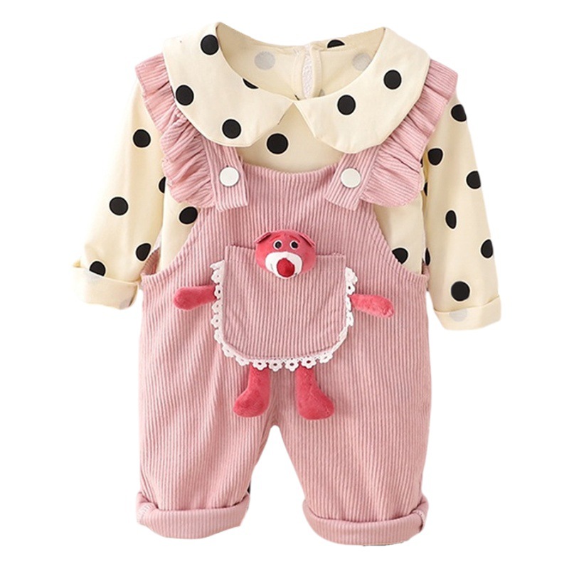 Girls Autumn Overalls Suit 2025 New Korean Style Kidsren's Spring Long-Sleeved Pants Cartoon Polka Dot Two-Piece Set