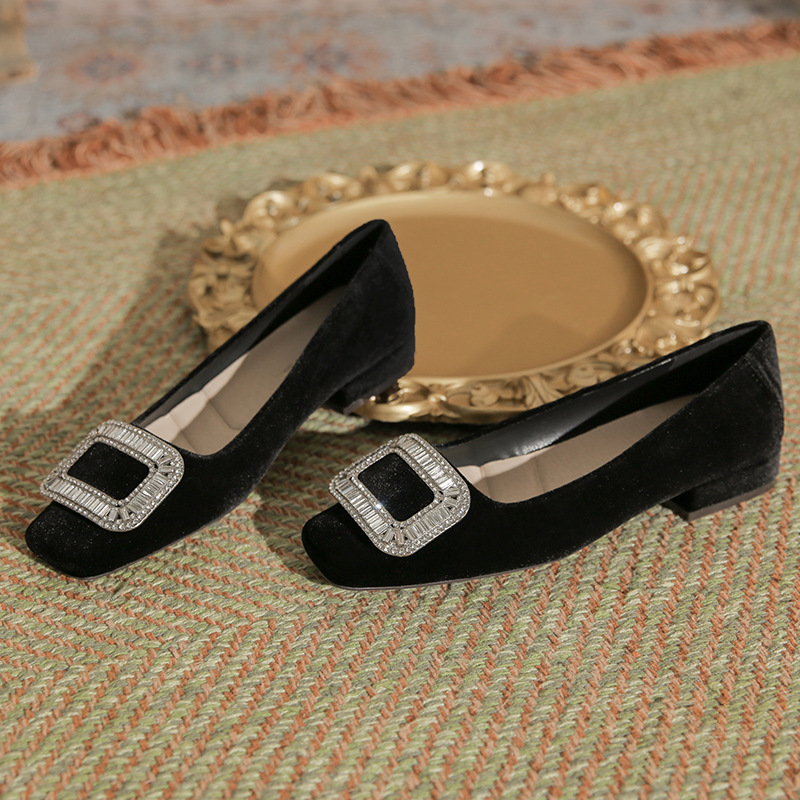 Square Heel Flat Shoes Women's 2024 New Autumn and Winter Black Suede Banquet Comfortable Elegant Cyber Celebrity Rhinestone Shoes