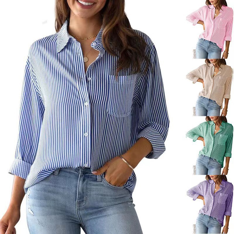 2024 Amazon Foreign Trade Cross-border Autumn New Printed Striped Cardigan Top Casual Fashion Long Sleeve Shirt for Women