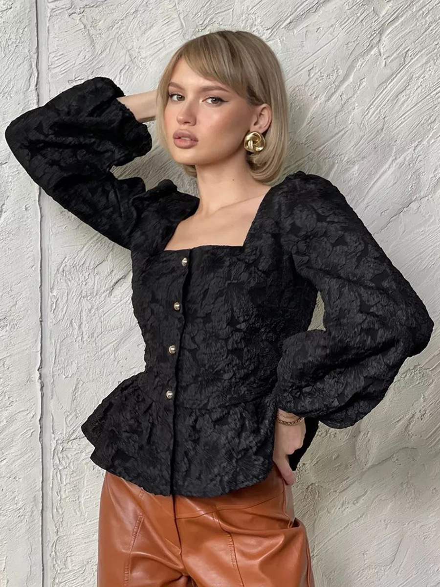 Picture of French high-end jacquard shirt 2024 new commuter square collar bubble sleeve women's shirt top spring women's clothing