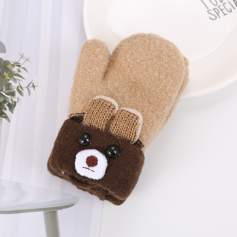 Picture of 0-3 years old cute ears bear cartoon children's gloves winter knitted wool double plus velvet padded warm